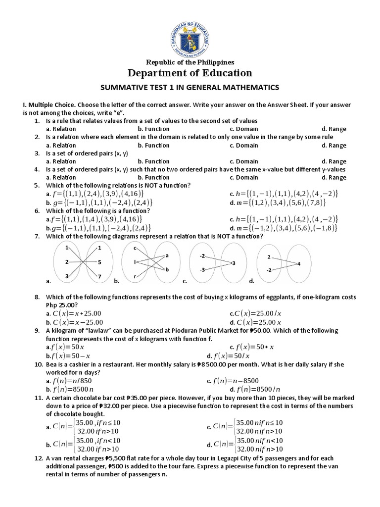 General Mathematics Summative Test 1 | PDF | Function (Mathematics ...