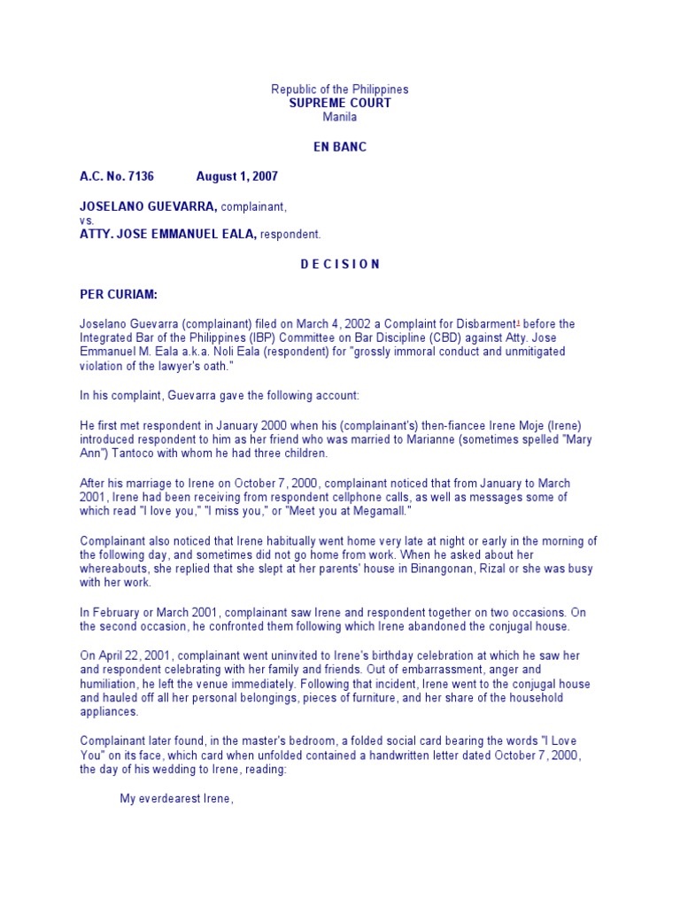 Guevarra Vs Eala A.C. No. 7136 PDF Disbarment Evidence (Law)