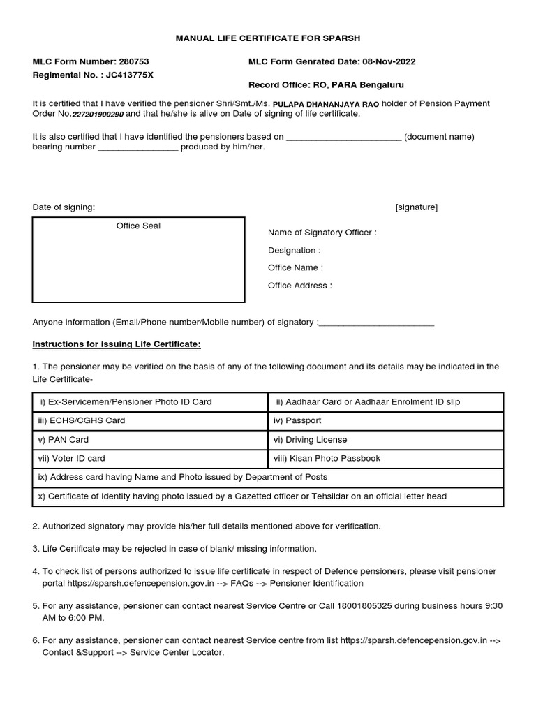 Manual Life Certificate for SPARSH Pensioners | PDF | Identity Document ...