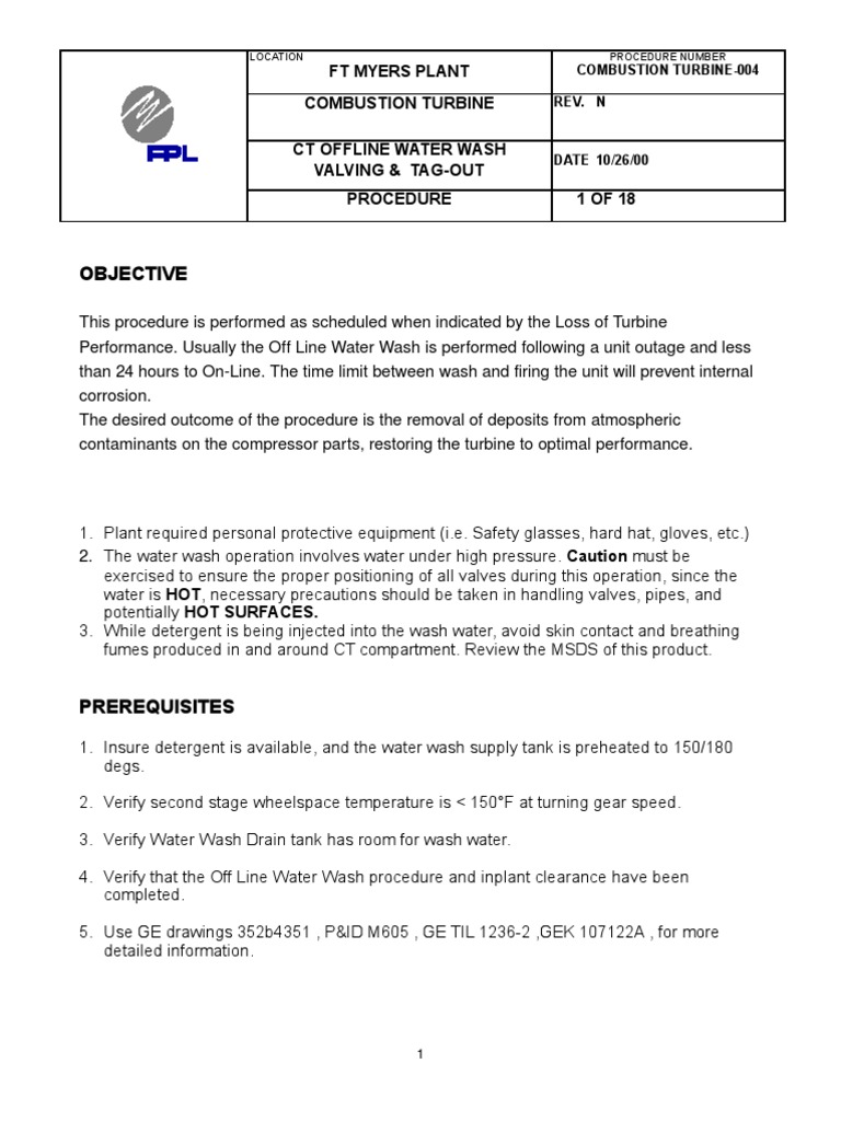 GE Frame 7FA Gas Turbine OffLine Water Wash Procedure | PDF | Valve ...
