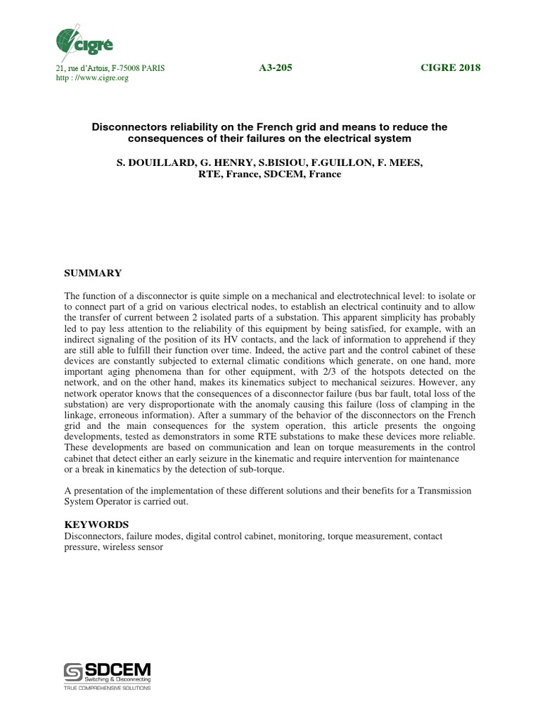 Disconnectors Reliability On The French Grid and Means To Reduce The ...
