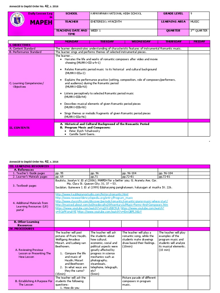 Mapeh Grade 9 Dll Pdf Composers Theatre