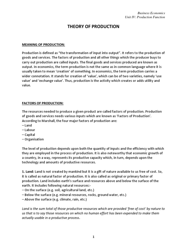 UNIT 4 Theory of Production | PDF | Production Function | Factors Of ...
