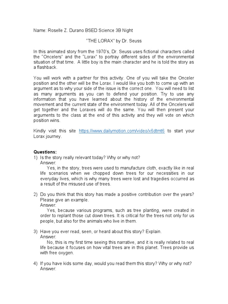 THE LORAX by Dr. Seuss Activity PDF