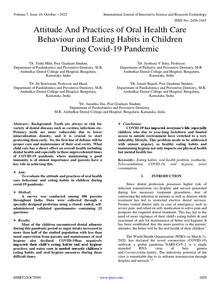 Attitude and Practices of Oral Health Care Behaviour and Eating Habits