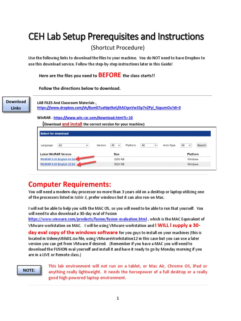 CEH Lab Setup Prerequisites and Instructions Computer Requirements