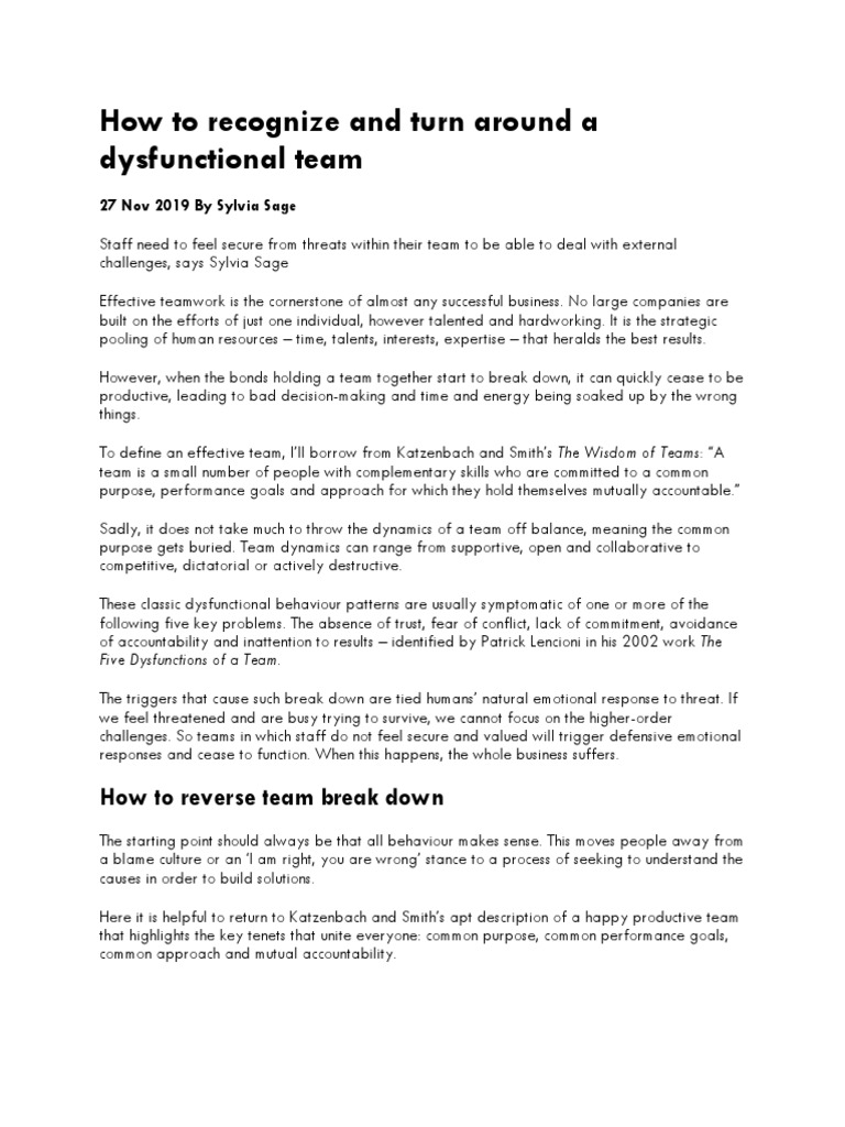 07 How To Recognize and Turn Around A Dysfunctional Team | PDF | Career ...