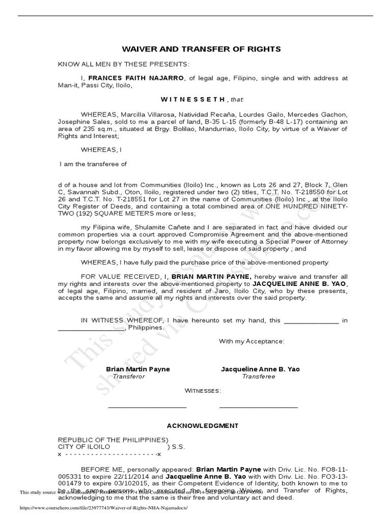NHA Waiver & Transfer of Rights PDF Real Estate Real Property Law