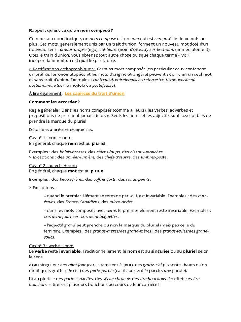 L'accord D'un Nom Composé | PDF | Nombre grammatical | Morphologie ...
