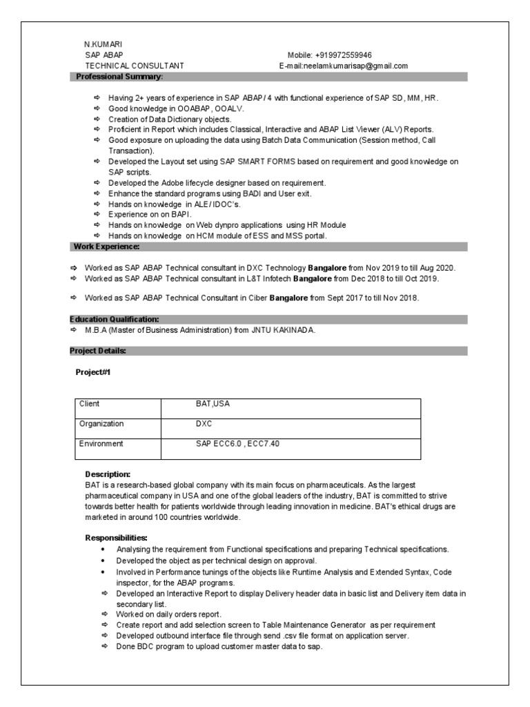 Neelam kumar s sap abap resume highlighting 2 years of experience in