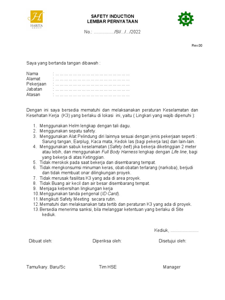 Formulir Induksi Keselamatan K3 | PDF | Teknologi & Rekayasa
