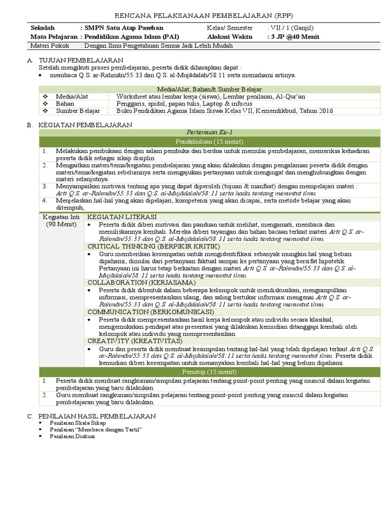 RPP PAI Kelas VII: Arti QS dan Hadis | PDF