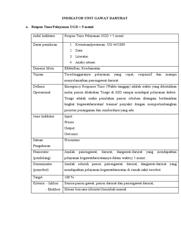Indikator Unit Gawat Darurat A. Respon Time Pelayanan UGD 5 Menit | PDF ...