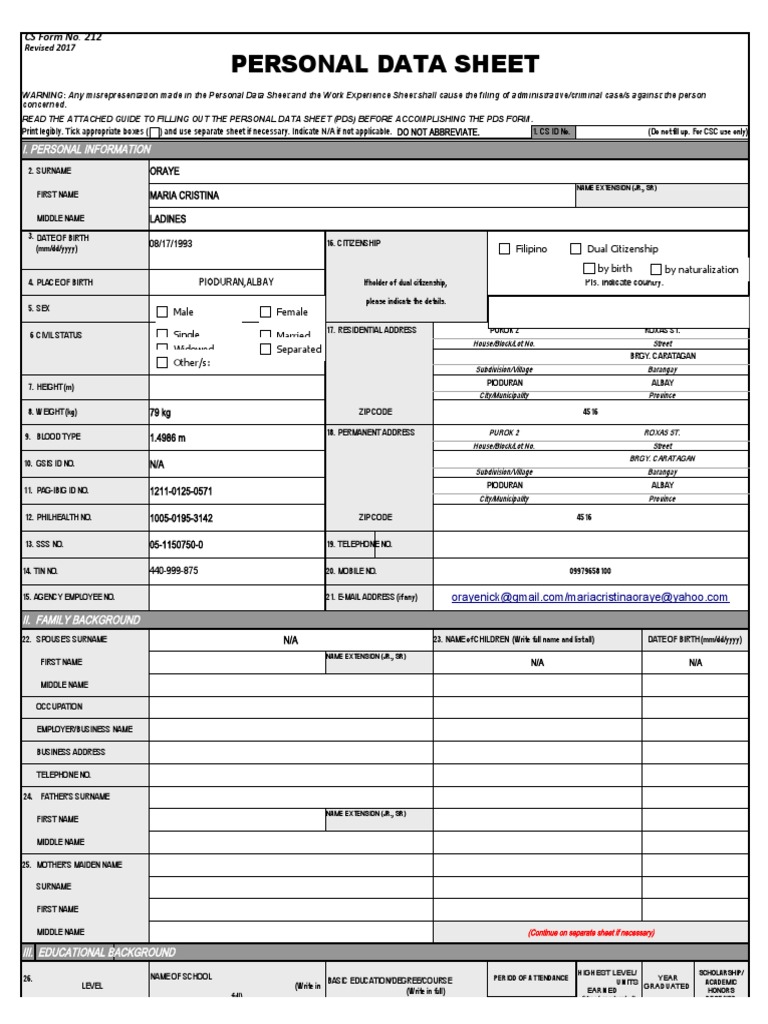 Cs Form No. 212 Revised Personal Data Sheet New PDF Government