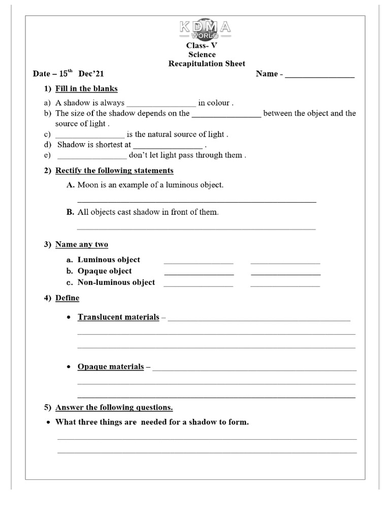 Science Class 5 Recapitulation PDF