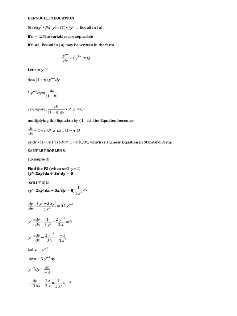 Bernoulli's Equation and Solutions | PDF | Equations | Algebra