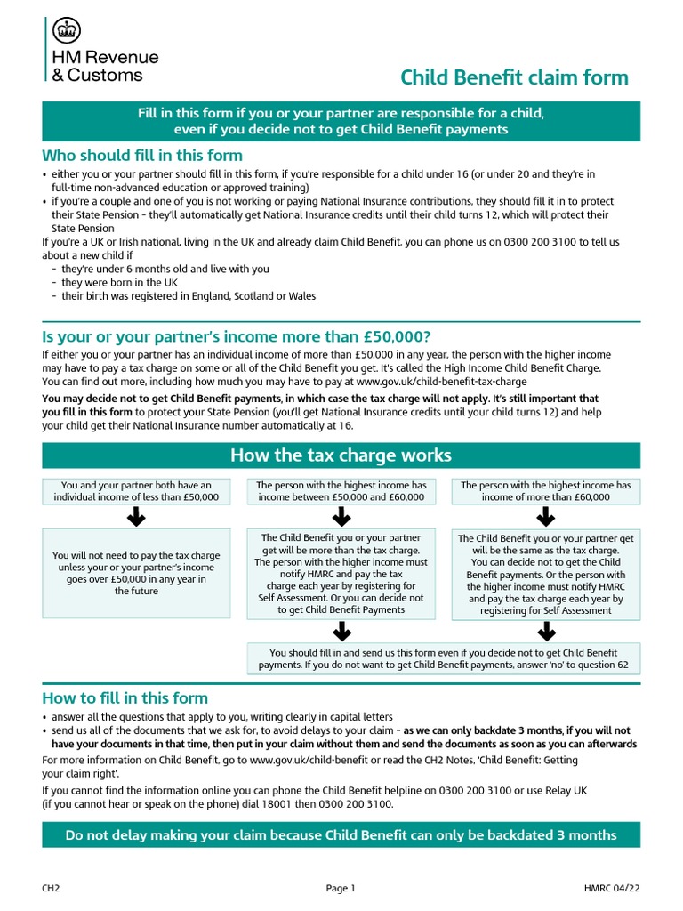 CH2 Child Benefit Claim Form English PDF Welfare Taxes
