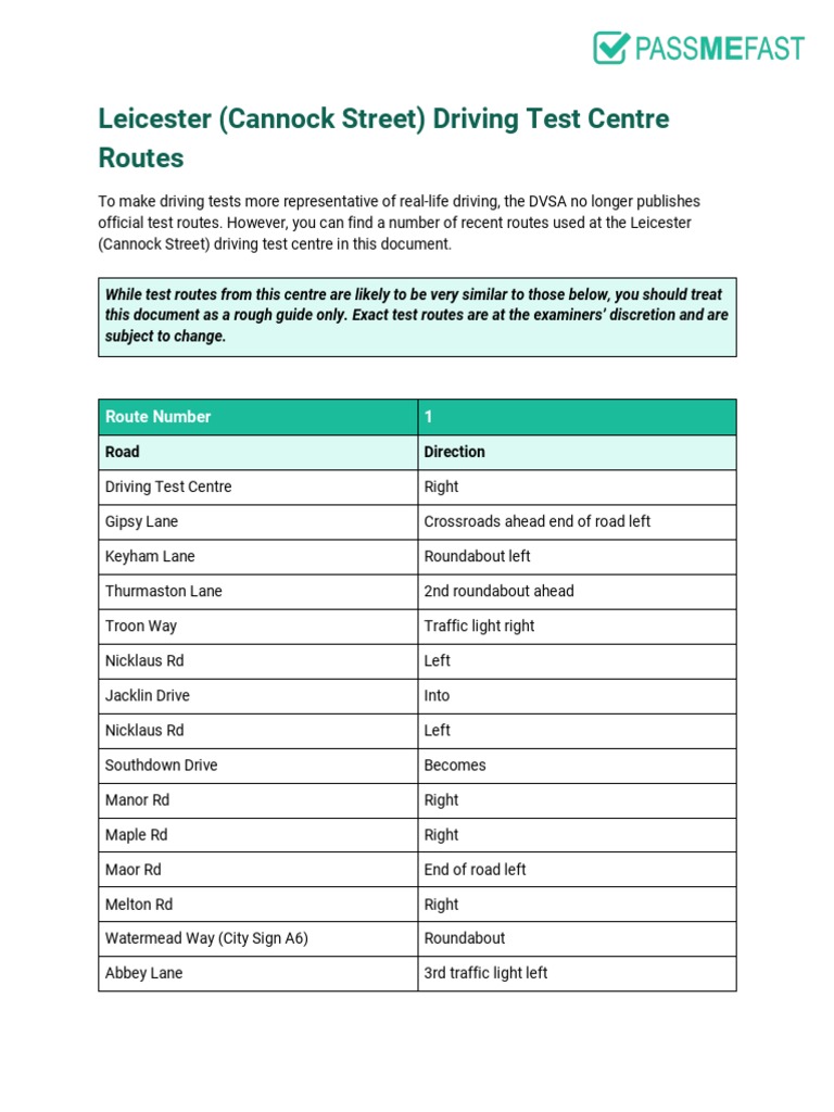 Leicester Cannock Street Driving Test Routes PDF Transport Infrastructure Land Transport