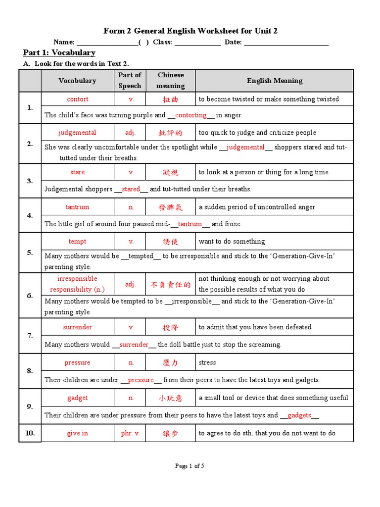 Form 2 English Vocabulary Worksheet | PDF | Cognitive Science | Linguistics