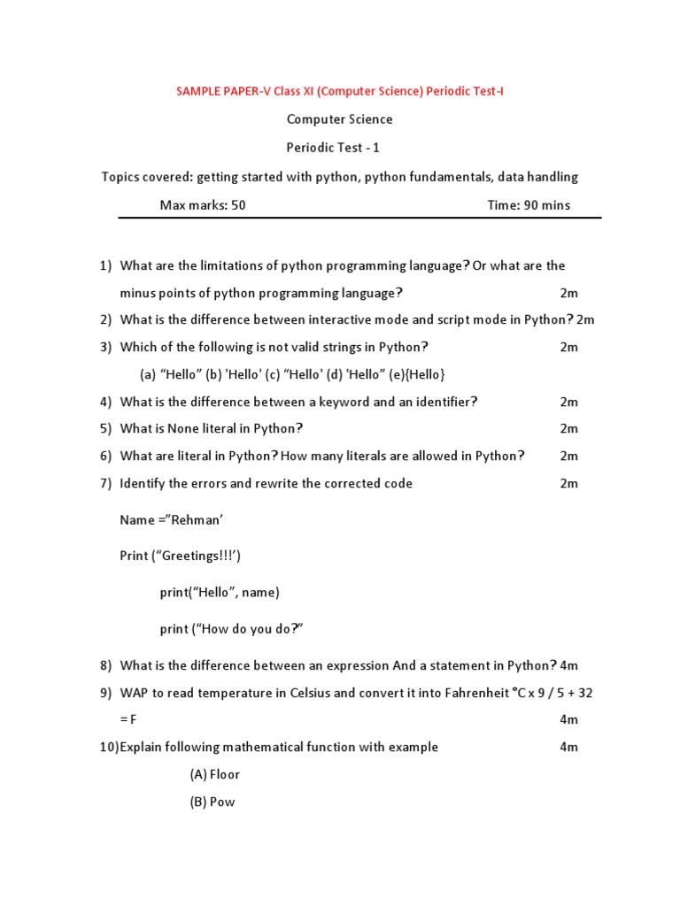 Sample Paper-V Class XI (Computer Science) Periodic Test-I Questions ...