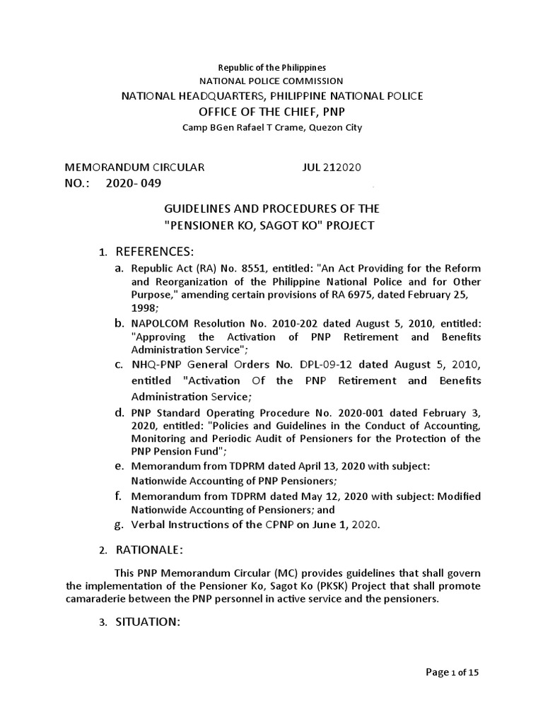 Nhq pnp mc no 2020 049 guidelines and procedures of the pksk project
