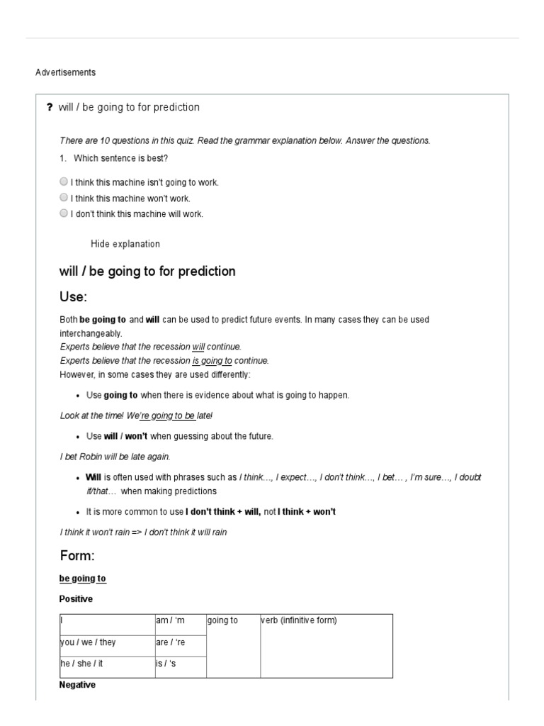 B2 Grammar - Will - Be Going To For Prediction | PDF | Verb | Language ...