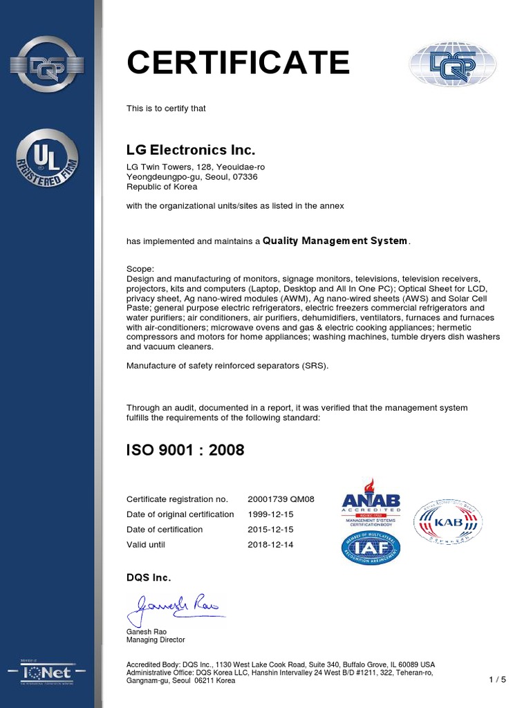 ISO 9001 - Until Dec, 2018 | PDF | Home Appliance | Washing Machine