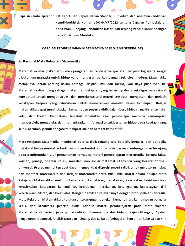 Capaian Pembelajaran Matematika Fase D | PDF | Metode & Bahan Ajar | Seni