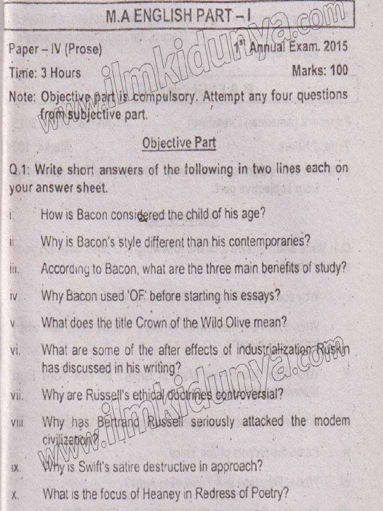 Past Paper MA Part I Sarghoda University English Prose Objective 2015 | PDF