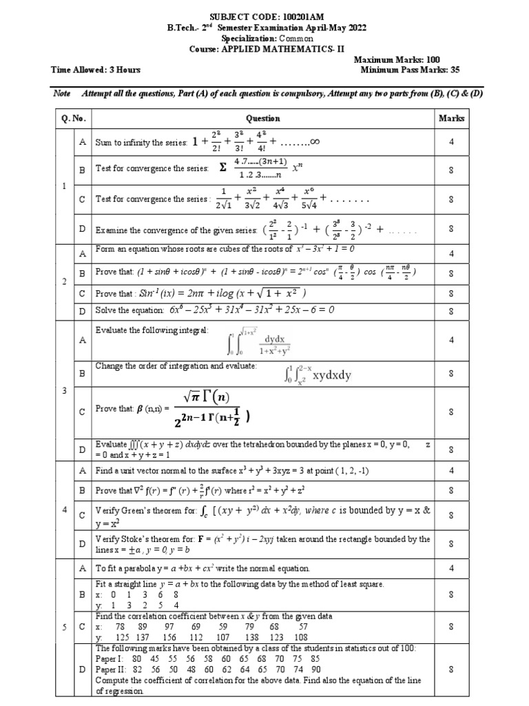 Analysis of Exam Questions for an Applied Mathematics Exam Covering