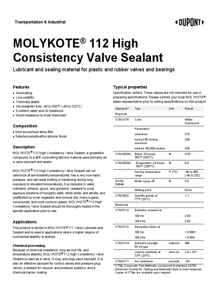MOLYKOTE 112 High Consistency Valve Sealant PDF Lubricant Water