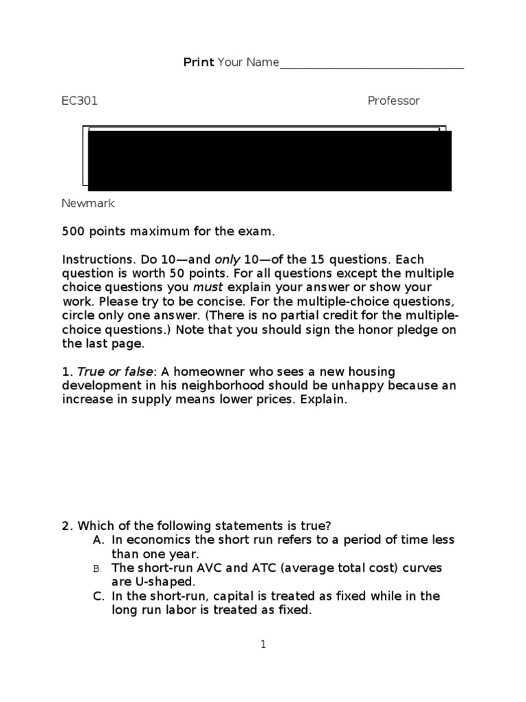 EC301 Final Exam Instructions and Questions | PDF | Perfect Competition ...