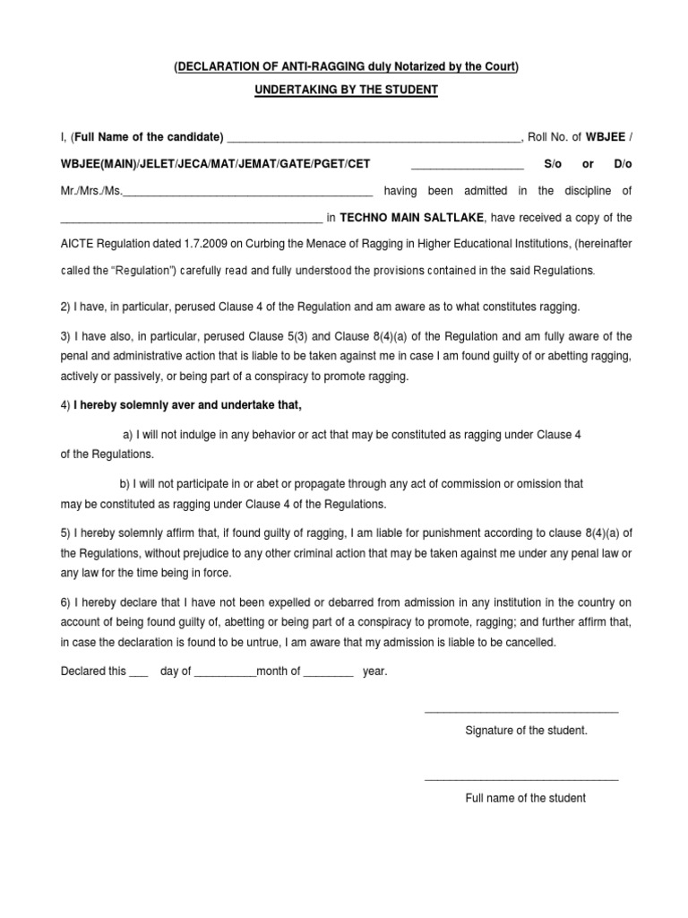 04 Anti Ragging Declaration - Format | PDF | Crimes | Crime & Violence