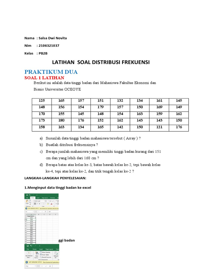 Statistik PRAKTIKUM DUA - LATIHAN DAN SOAL - DISTRIBUSI FREKUENSI | PDF