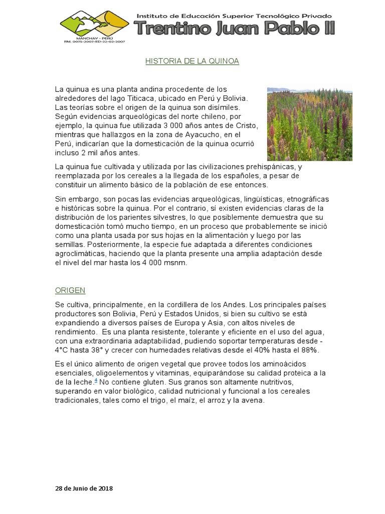 Historia de La Quinoa PDF Quinua Cereales