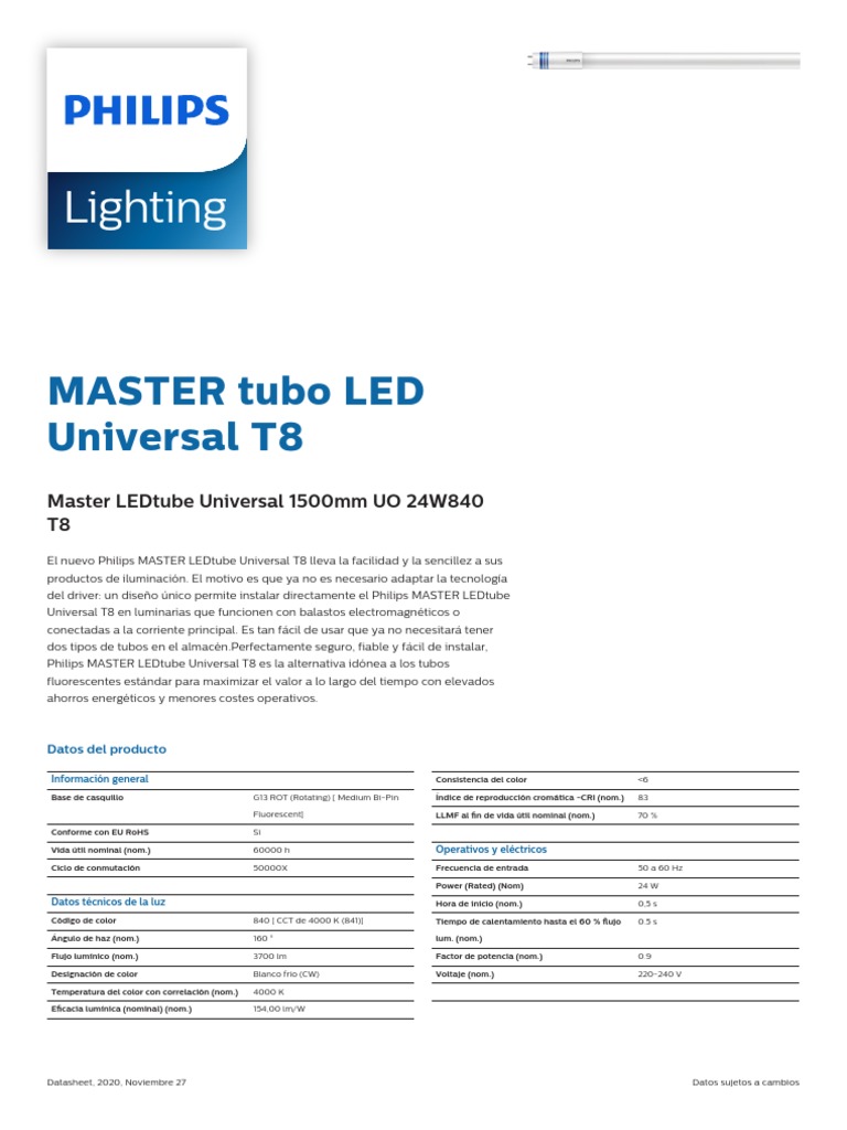 Master Tubo LED Unversal T8 Philips | PDF | Diodo emisor de luz ...