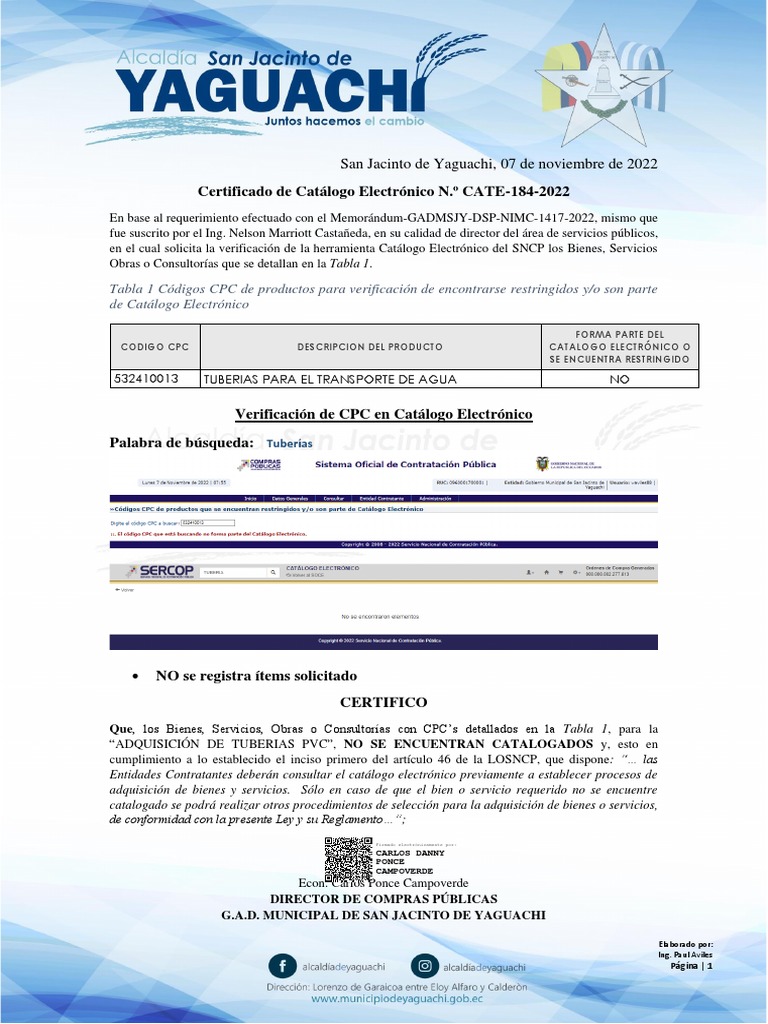 Verificación de Códigos CPC en el Catálogo Electrónico para la adquisición de tuberías PVC PDF
