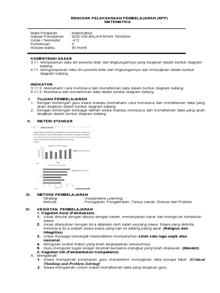 RPP Pembelajaran Diagram Batang Kelas 4 | PDF | Seni & Disiplin Bahasa ...