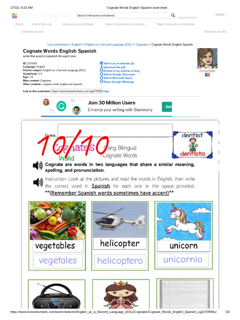 Cognate Words English Spanish Worksheet PDF Worksheet English As