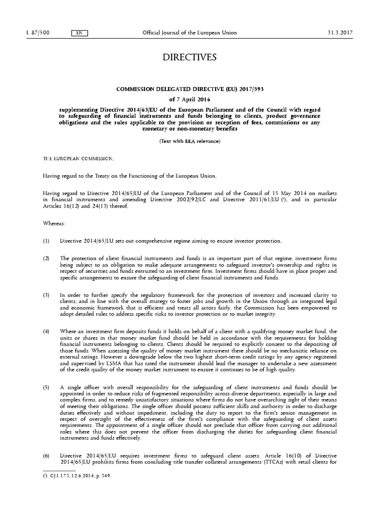 Level 2 MiFID II Commission Delegated Directive (EU) 2017593 PDF