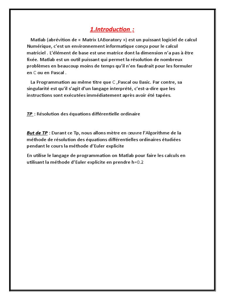 Résolution d'EDO avec Euler sur Matlab | PDF | MATLAB | Équations