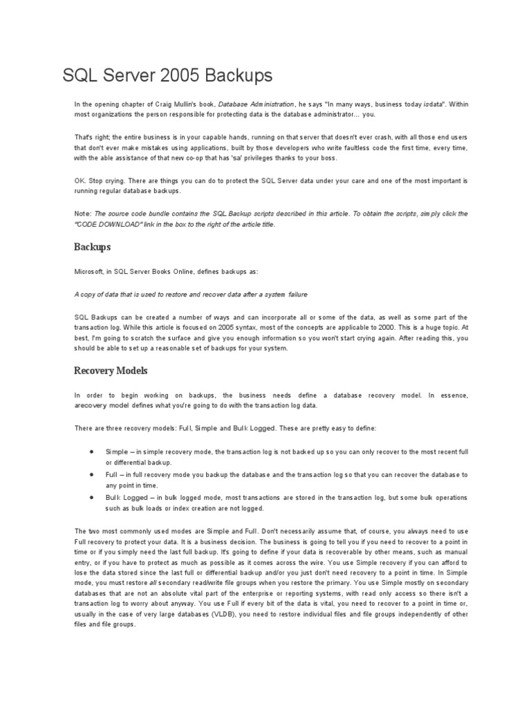 Sql server 2005 backups pdf backup databases