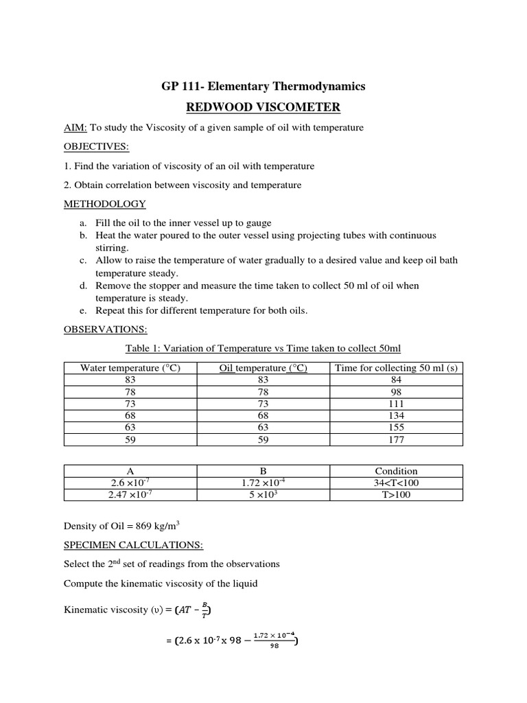 GP 111 (2022) RedWood Lab Sheet PDF Motor Oil