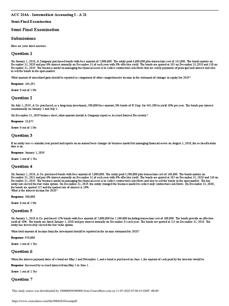 ACC 214A Intermediate Accounting Exam Insights | PDF | Bonds (Finance ...