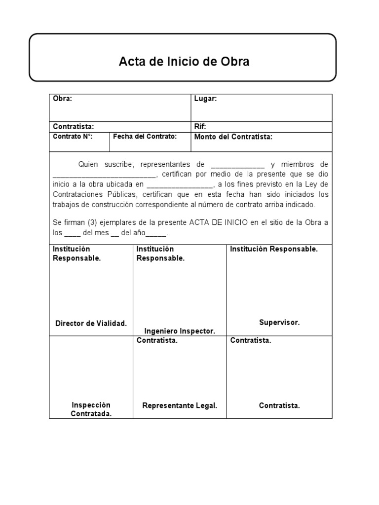 Acta de Inicio de Obra y Contrato | PDF | Negocios | Finanzas y dinero