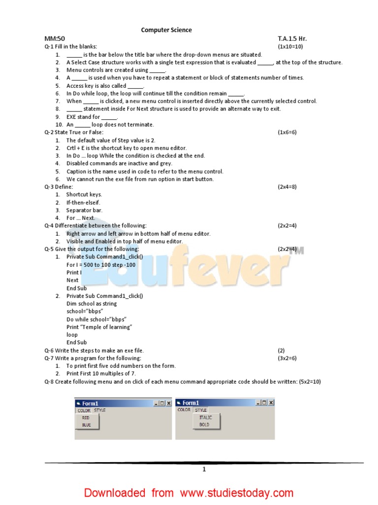 Computer Science Sample Paper 1 Class 9 | PDF | Menu (Computing ...