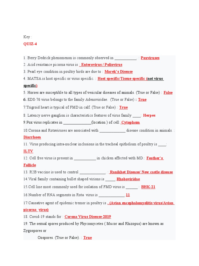Answer Key Quiz 4 PDF Virus Fungus