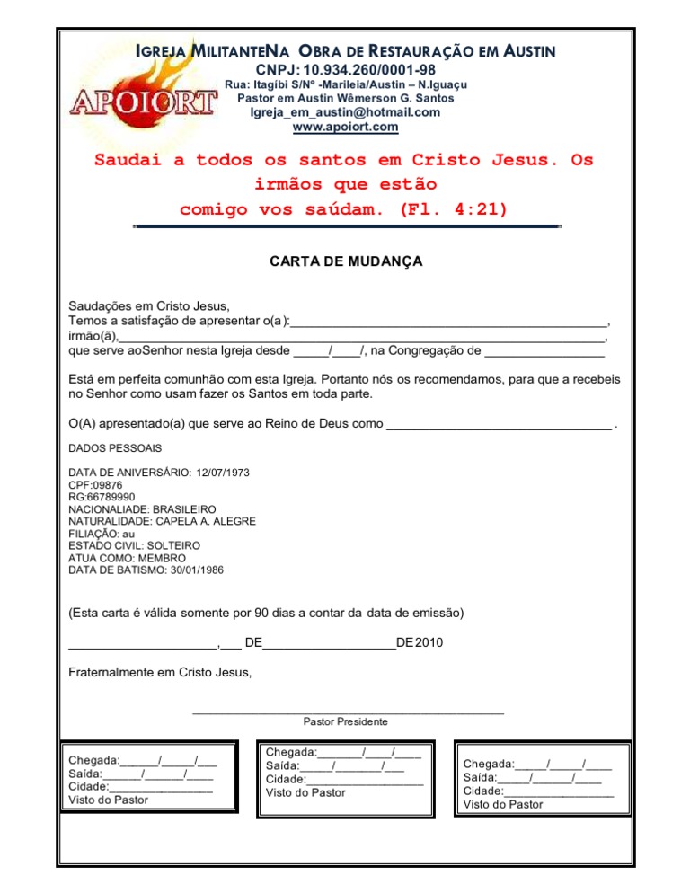 CARTA DE MUDANÇA
