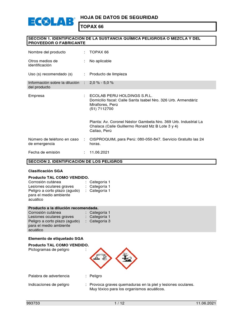 Hoja de Seguridad Topax 66 Ecolab | PDF | Reciclaje | Residuos