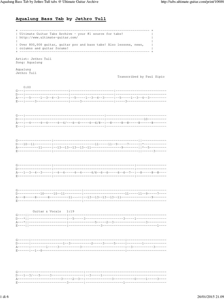 Aqualung Bass Tab by Jethro Tull Tabs at Ultimate Guitar Archive PDF